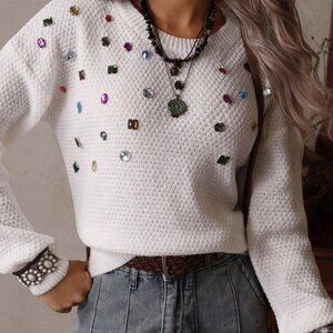 White Casual Western Women's Rhinestone Knit Long Sleeve Sweater